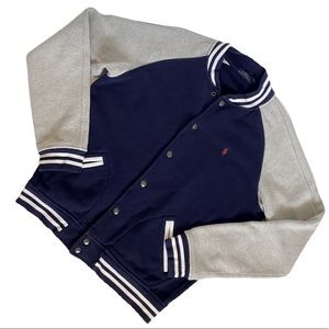 Polo Cotton Varsity Jacket in Navy and Gray. Size. Large